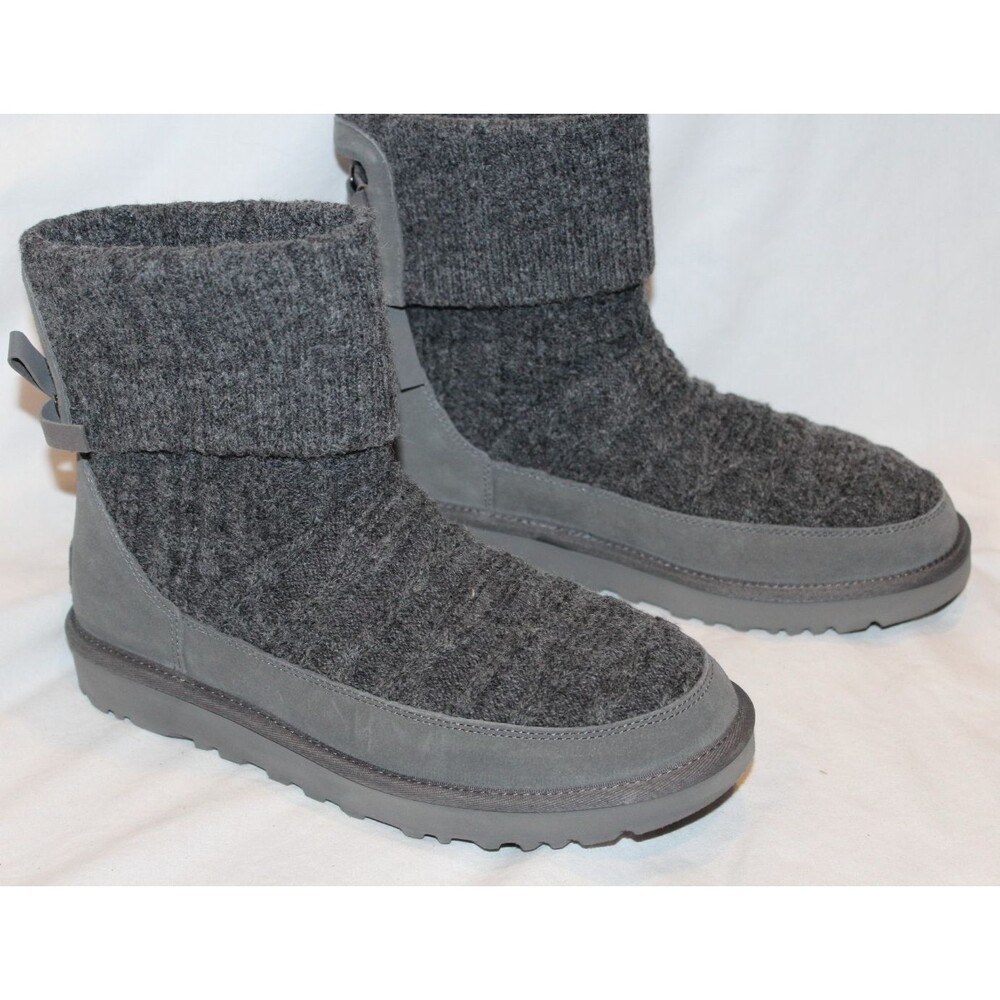 UGG WOMEN'S SUEDE CABLE‎ SWEATER KNIT GRAY BOW ACCENT BOOTS NIB SZ 9